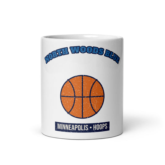 North Woods Blue Hoops Mug in white, front