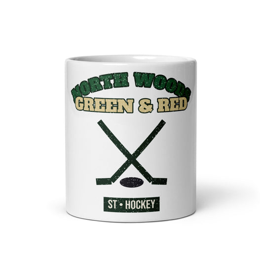 North Woods Green & Red Hockey Mug in white, front