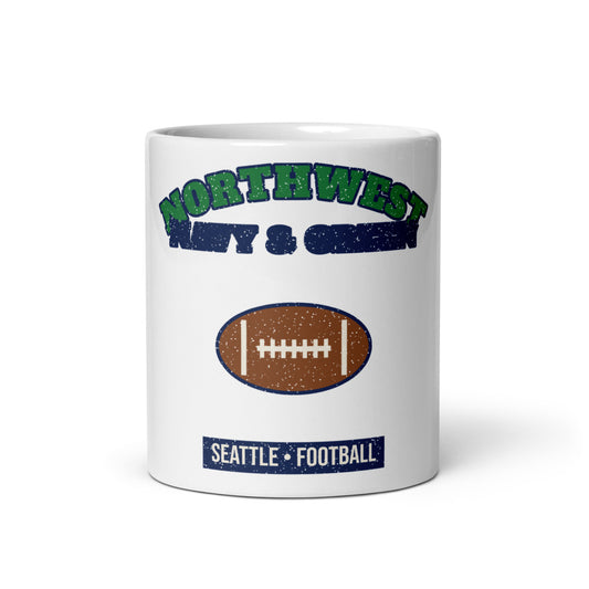 Northwest Navy & Green Football Mug in white, front