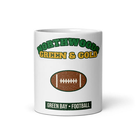 Northwoods Green & Gold Football Mug in white, front