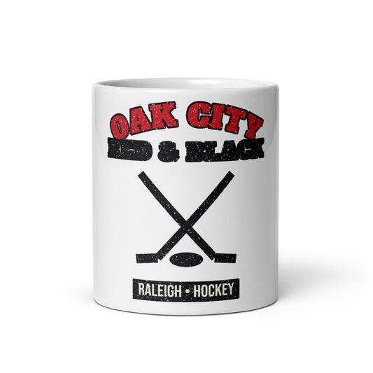Oak City Red & Black Hockey Mug in white, front