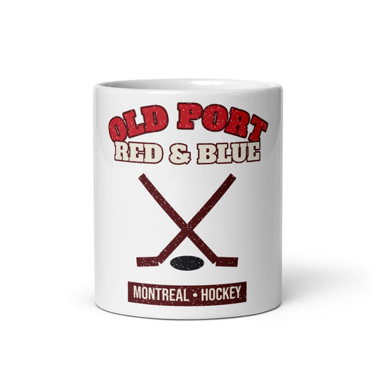 Old Port Red & Blue Hockey Mug in white, front