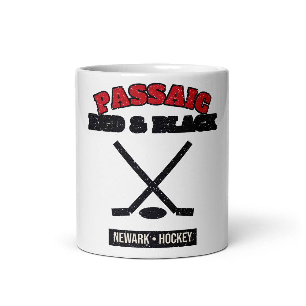 Passaic Red & Black Hockey Mug in white, front