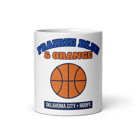 Prairie Blue & Orange Hoops Mug in white, front