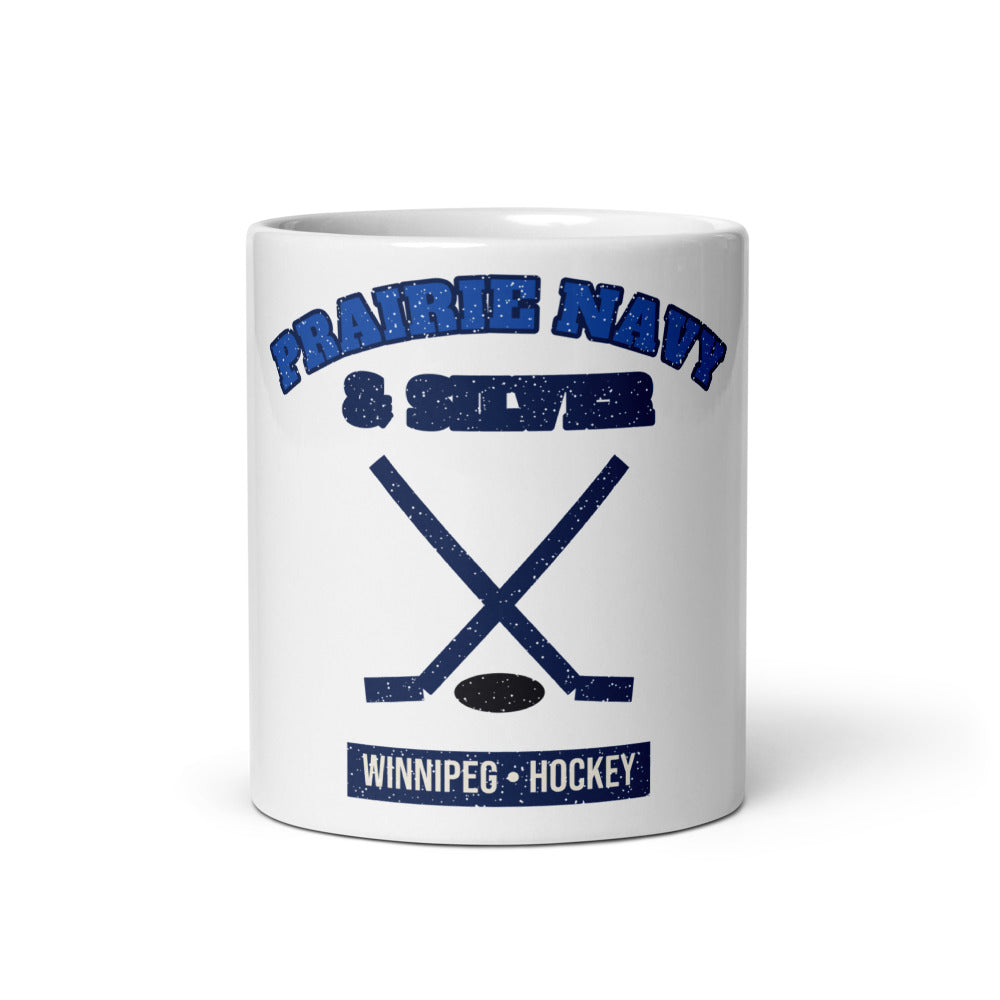 Prairie Navy & Silver Hockey Mug in white, front