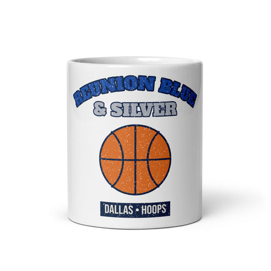 Reunion Blue & Silver Hoops Mug in white, front