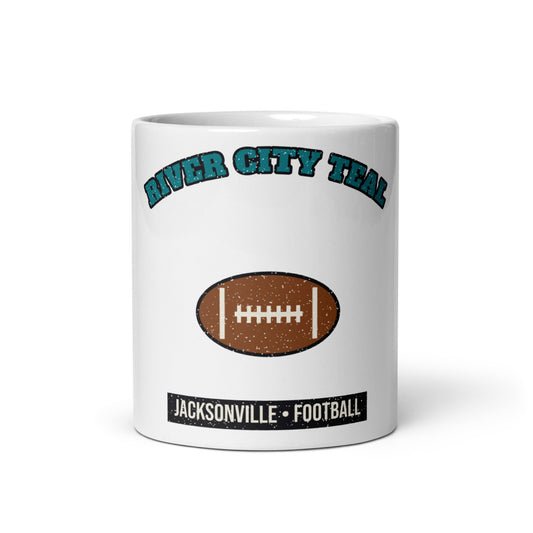 River City Teal Football Mug in white, front