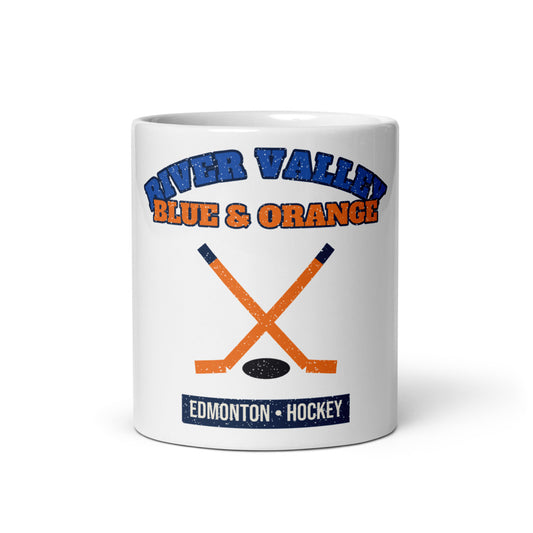 River Valley Blue & Orange Hockey Mug in white, front