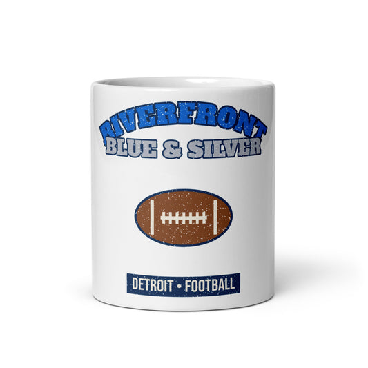 Riverfront Blue & Silver Football Mug in white, front
