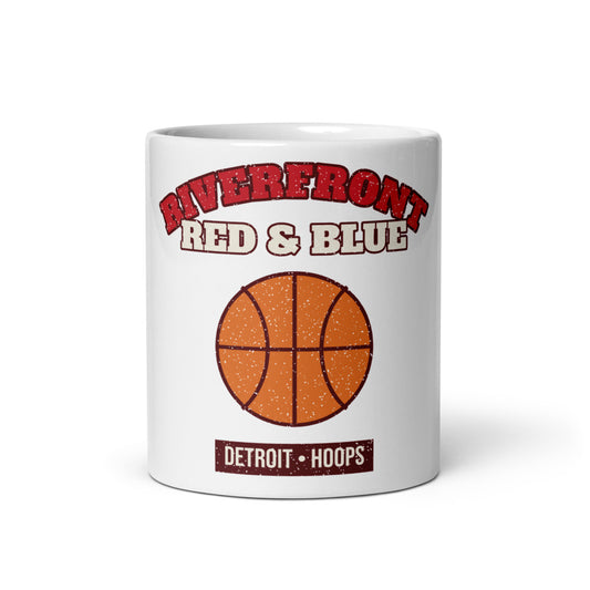 Riverfront Red & Blue Hoops Mug in white, front