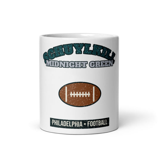 Schuylkill Midnight Green Football Mug in white, front