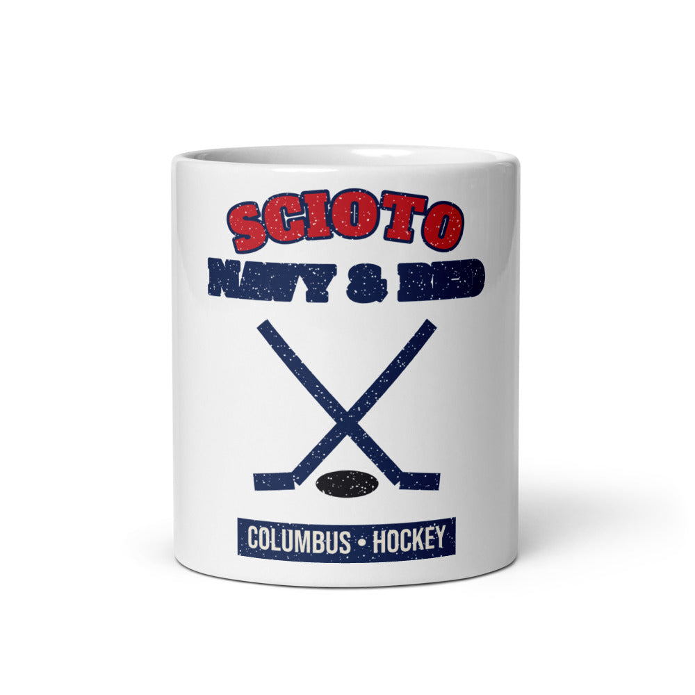 Scioto Navy & Red Hockey Mug in white, front