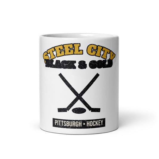 Steel City Black & Gold Hockey Mug in white, front