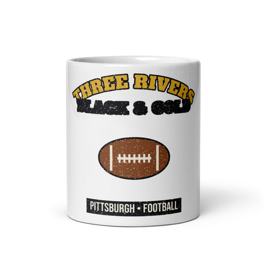 Three Rivers Black & Gold Football Mug in white, front