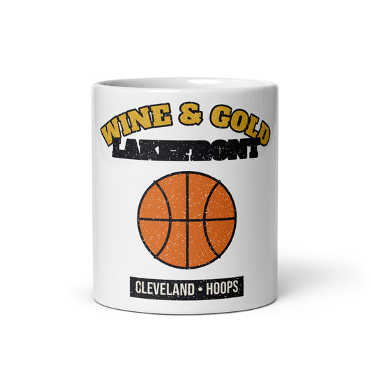 Wine & Gold Lakefront Hoops Mug in white, front