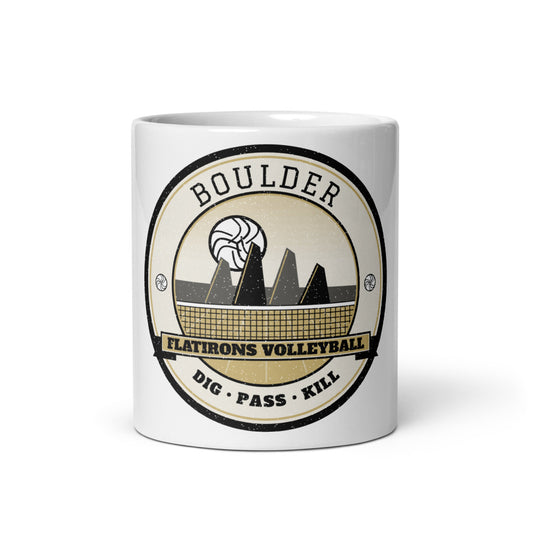 Boulder Flatirons Volleyball Mug in white, front