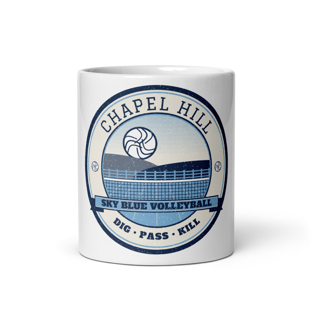 Chapel Hill Sky Blue Volleyball Mug in white, front