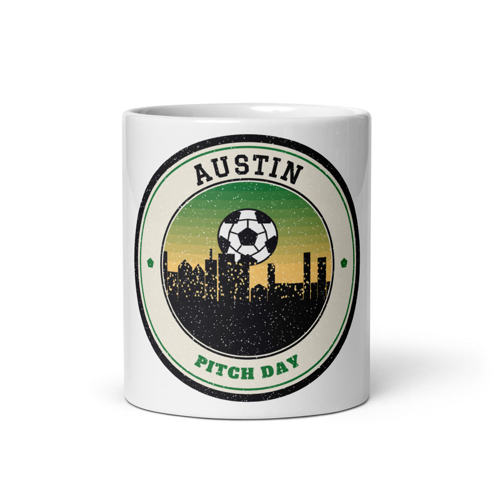 Austin Pitch Day Mug in white, front