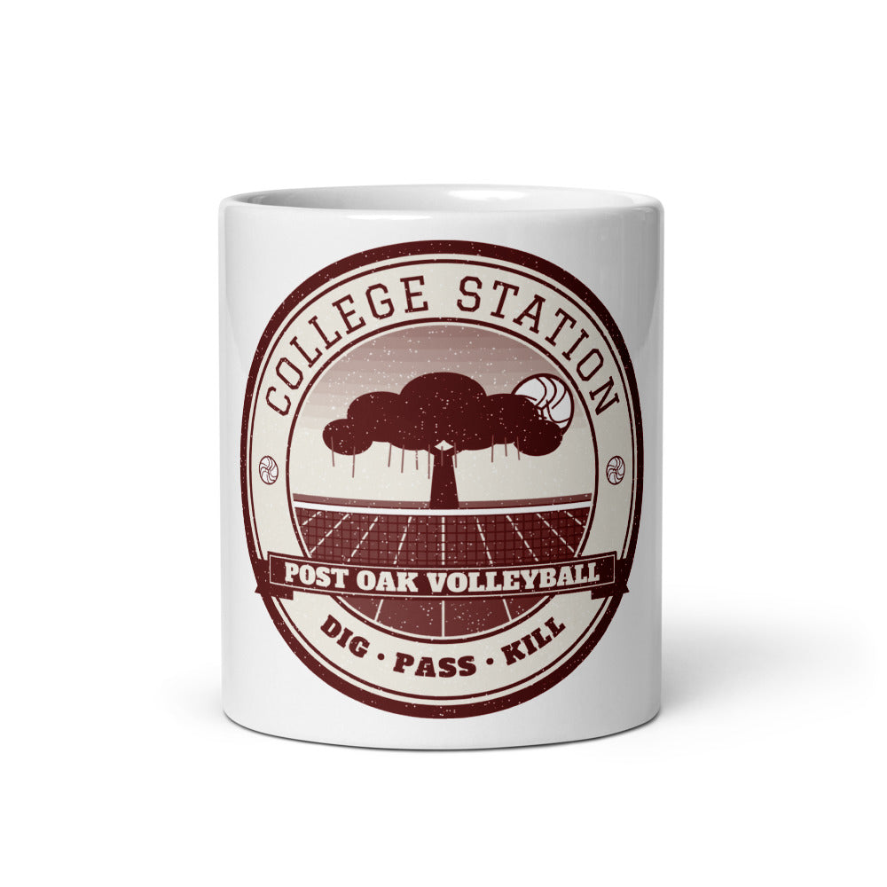 College Station Post Oak Volleyball Mug in white, front