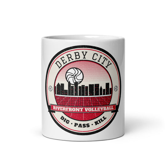Derby City Riverfront Volleyball Mug in white, front