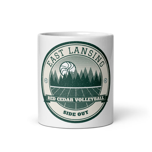 East Lansing Red Cedar Volleyball Mug in white, front
