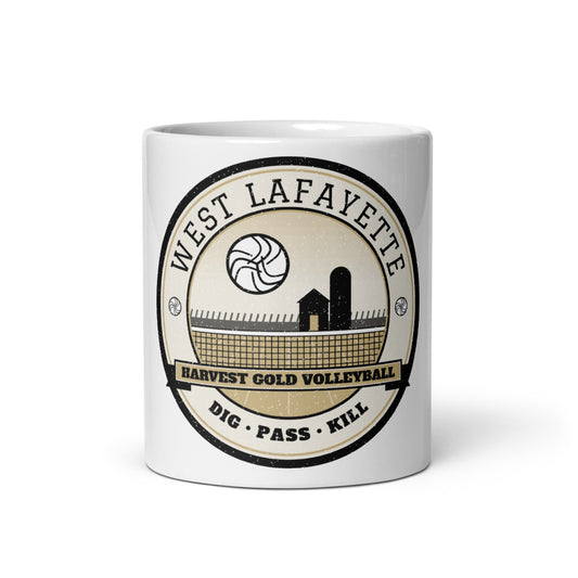 West Lafayette Harvest Gold Volleyball Mug in white, front