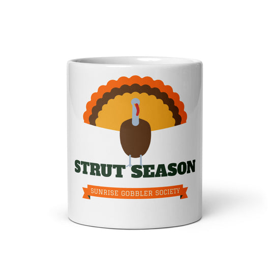 Strut Season Gobbler Society Mug, white ceramic mug with the design printed, front view