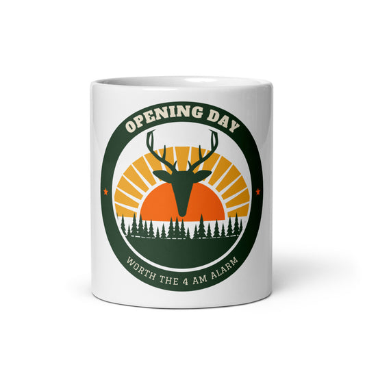 Opening Day Sunrise Mug, white ceramic mug with the design printed, front view
