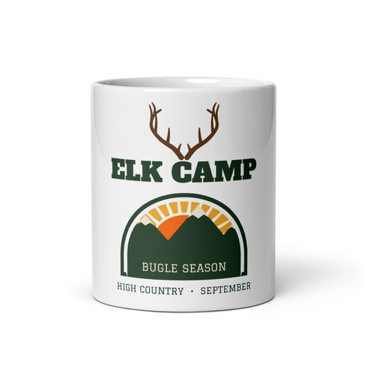 Elk Camp Bugle Season Mug, white ceramic mug with the design printed, front view