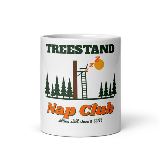 Treestand Nap Club Mug, white ceramic mug with the design printed, front view