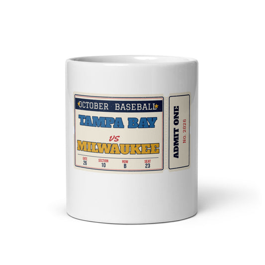 Tampa Bay vs Milwaukee Retro Ticket Mug, white ceramic, front view