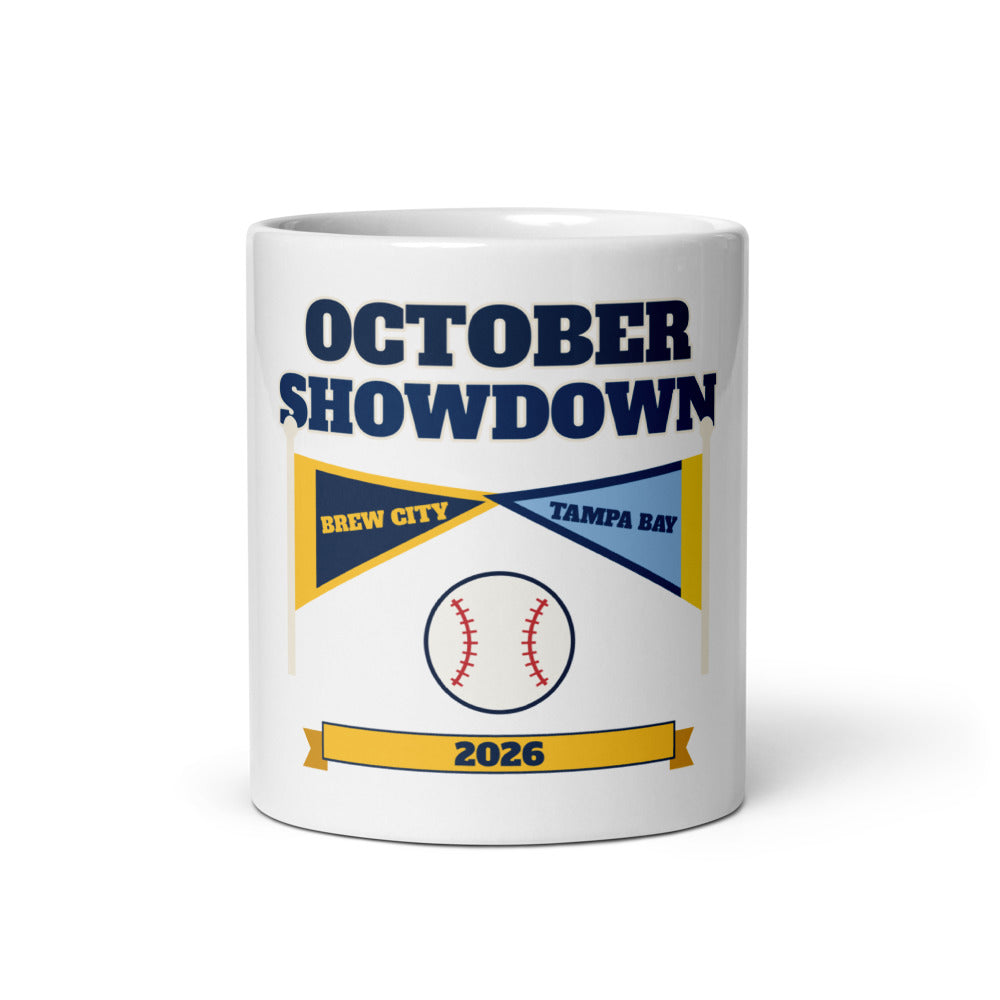 October Showdown 2026 Mug, white ceramic mug with the design printed, front view