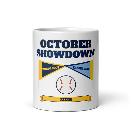October Showdown 2026 Mug, white ceramic mug with the design printed, front view