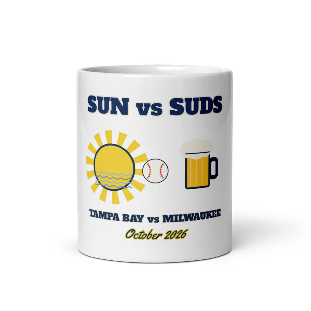 Sun vs Suds Tampa Bay vs Milwaukee Mug, white ceramic mug with the design printed, front view