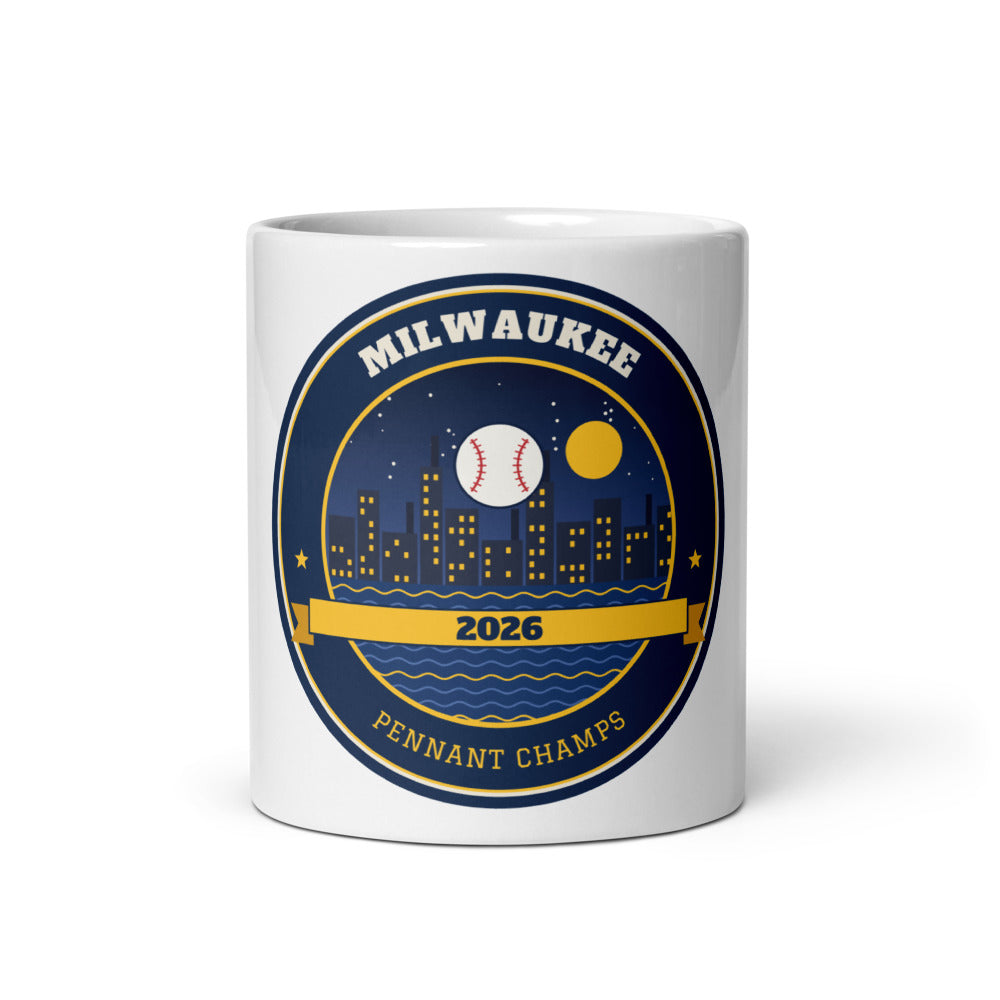 Milwaukee 2026 Pennant Champs Mug, white ceramic mug with the design printed, front view