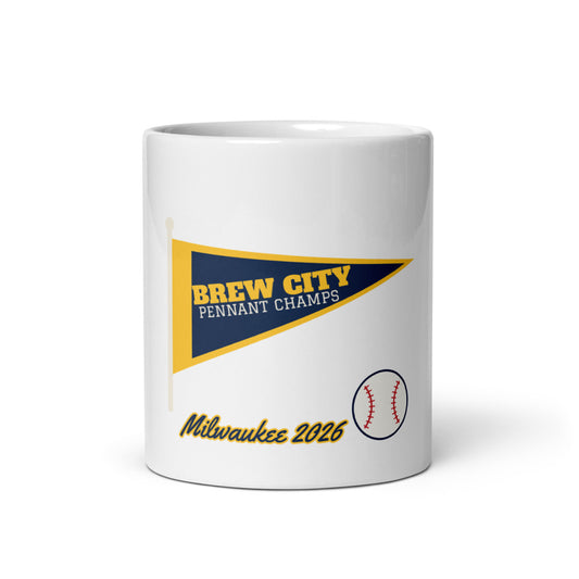 Brew City Pennant 2026 Mug, white ceramic mug with the design printed, front view