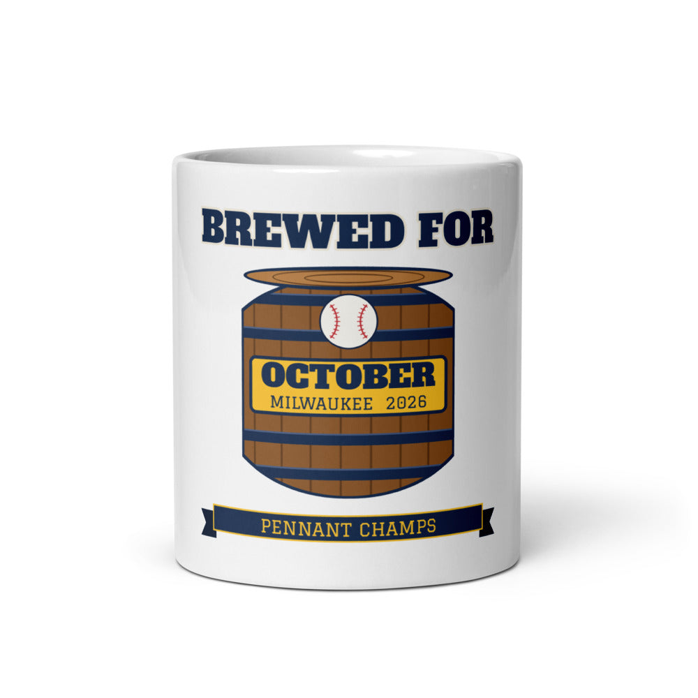 Brewed for October Milwaukee 2026 Mug, white ceramic mug with the design printed, front view