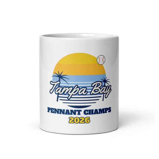 Tampa Bay Sunset Champs 2026 Mug, white ceramic mug with the design printed, front view