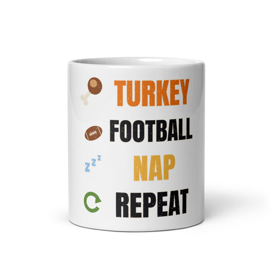 Turkey Football Nap Repeat Mug, white ceramic mug with the design printed, front view