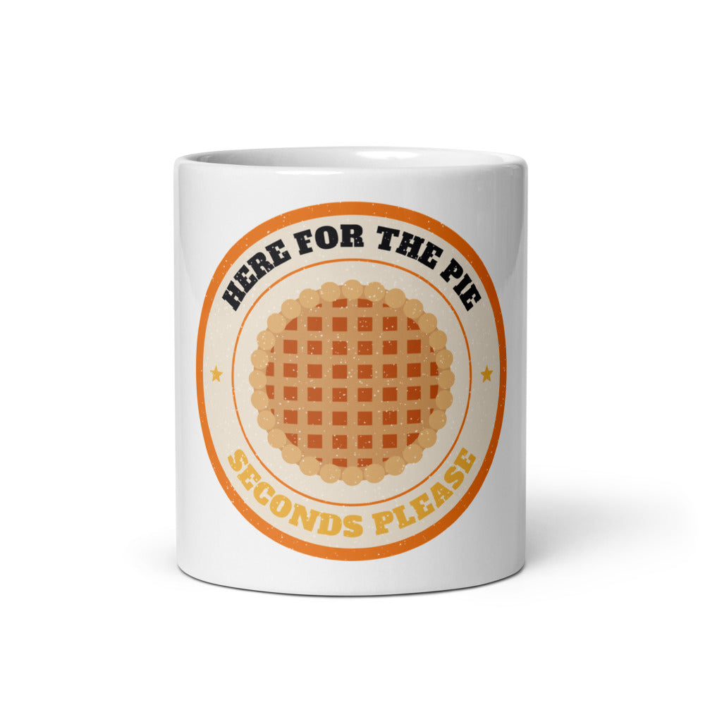 Here for the Pie Mug, white ceramic mug with the design printed, front view