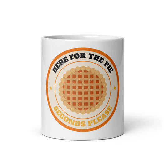 Here for the Pie Mug, white ceramic mug with the design printed, front view