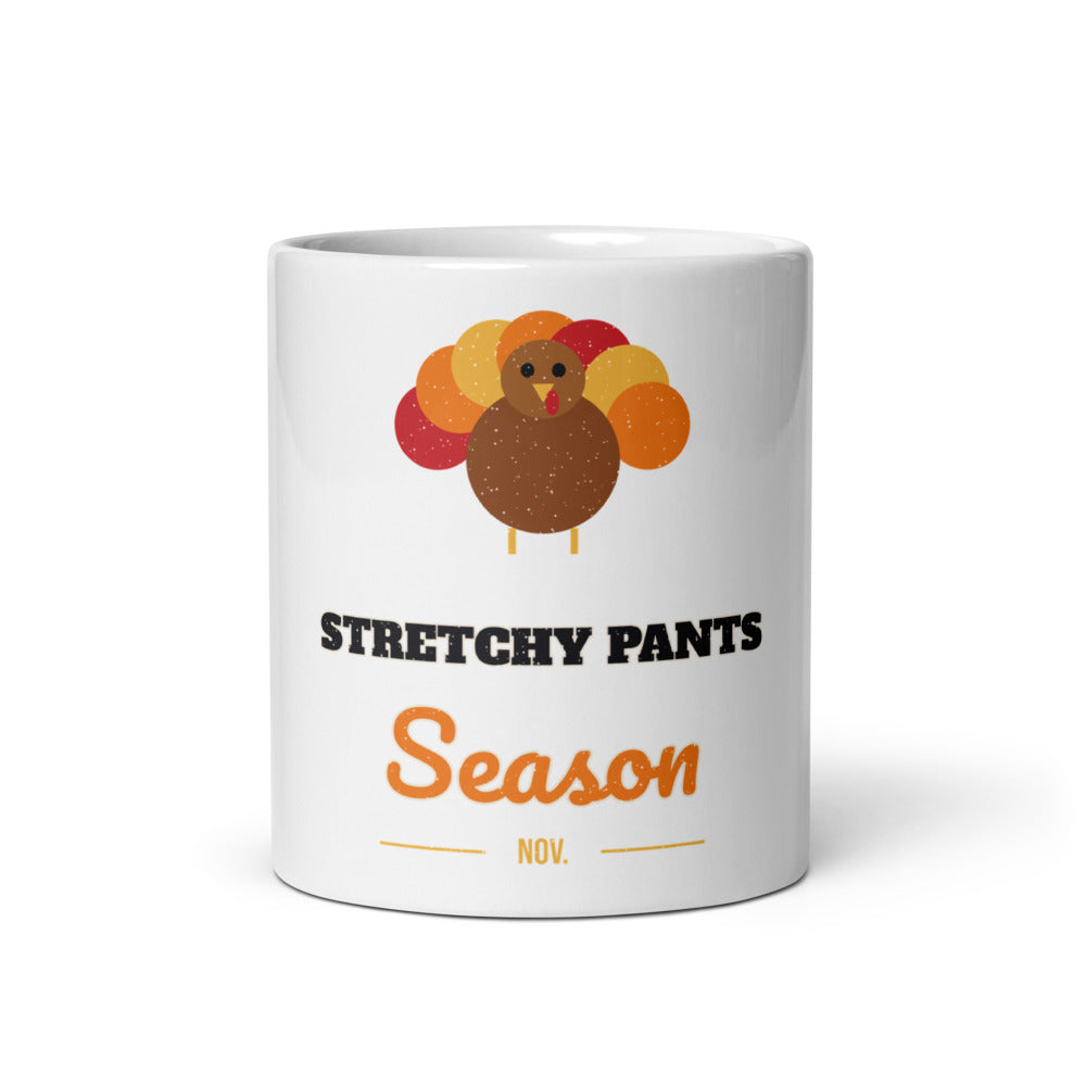 Stretchy Pants Season Mug, white ceramic mug with the design printed, front view