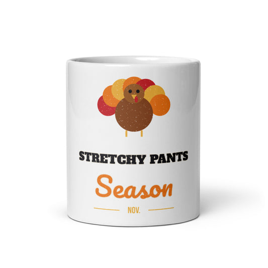 Stretchy Pants Season Mug, white ceramic mug with the design printed, front view