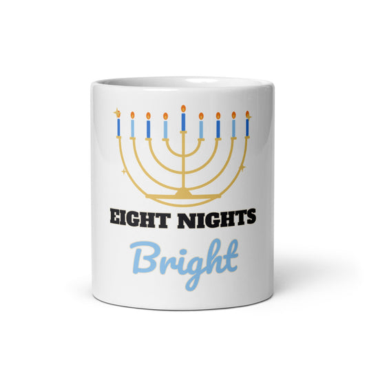 Eight Nights Bright Mug, white ceramic mug with the design printed, front view