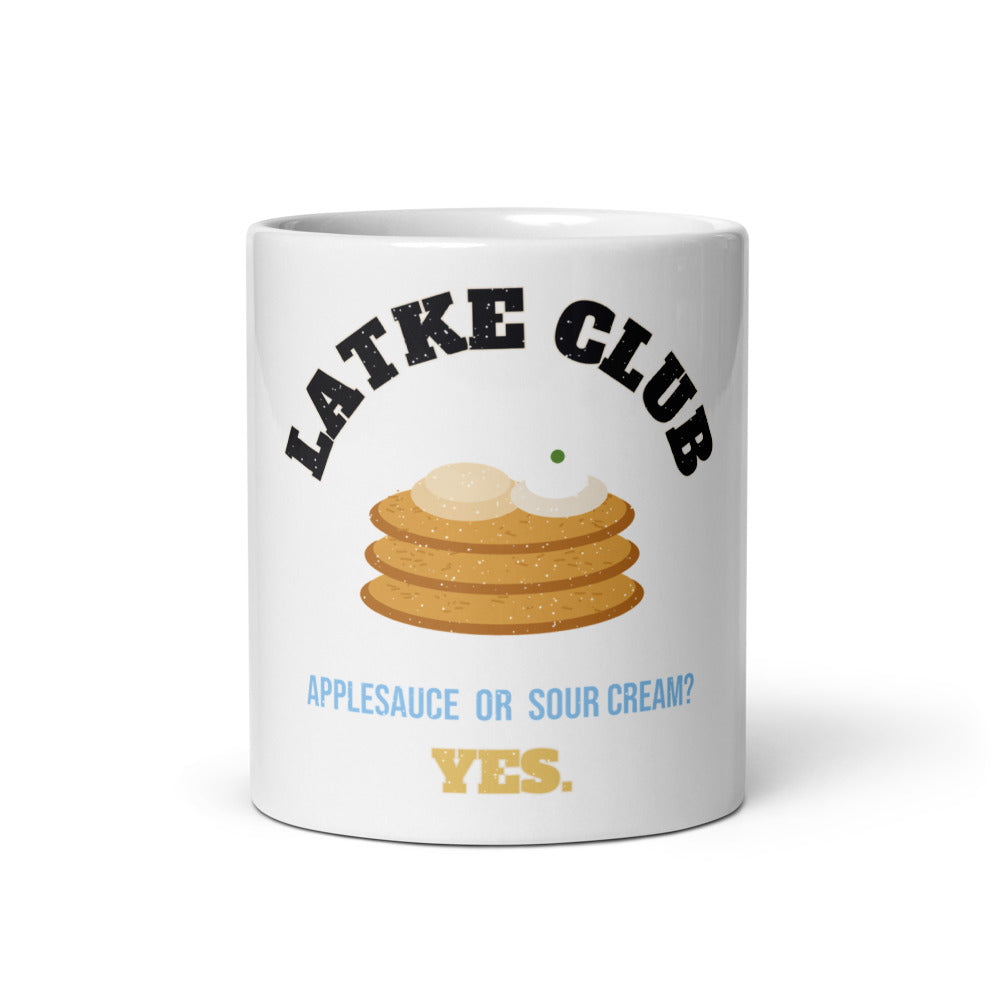Latke Club Mug, white ceramic mug with the design printed, front view