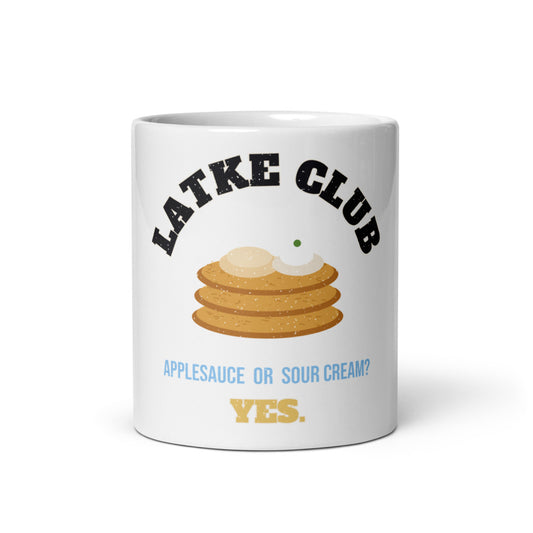 Latke Club Mug, white ceramic mug with the design printed, front view