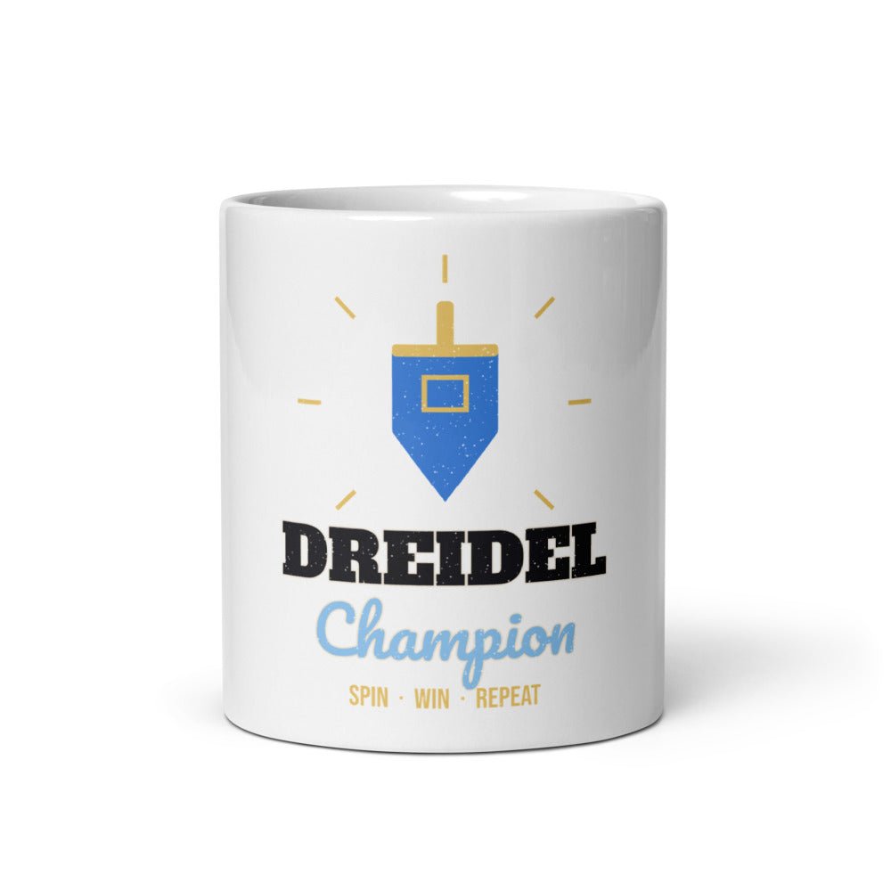 Dreidel Champion Mug, white ceramic mug with the design printed, front view