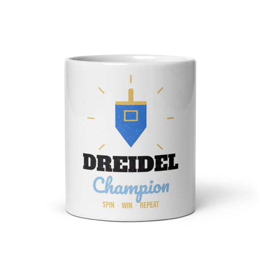 Dreidel Champion Mug, white ceramic mug with the design printed, front view