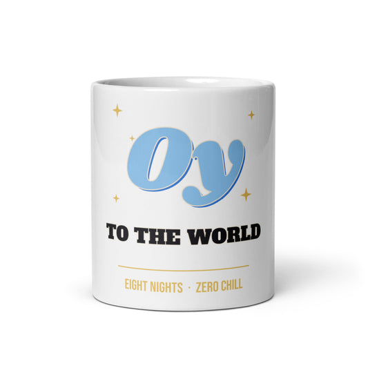 Oy to the World Mug, white ceramic mug with the design printed, front view