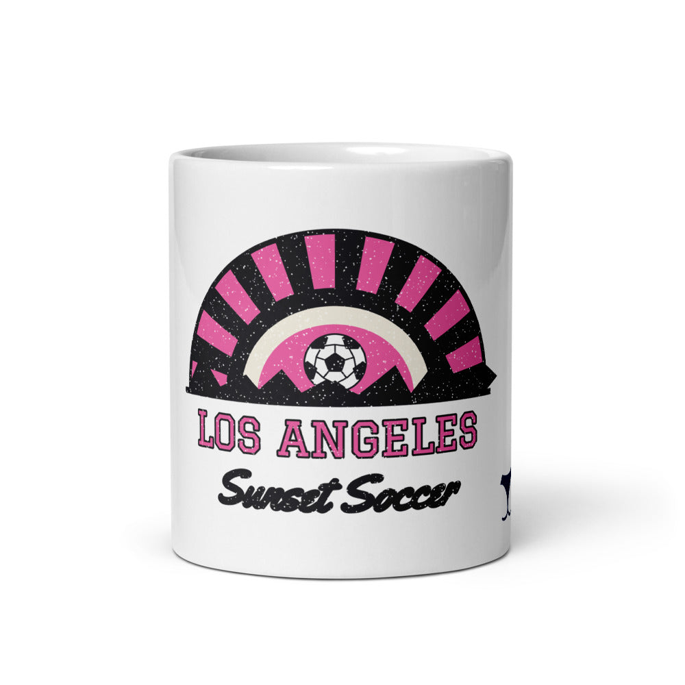 Los Angeles Sunset Soccer Mug, white ceramic mug with the design printed, front view
